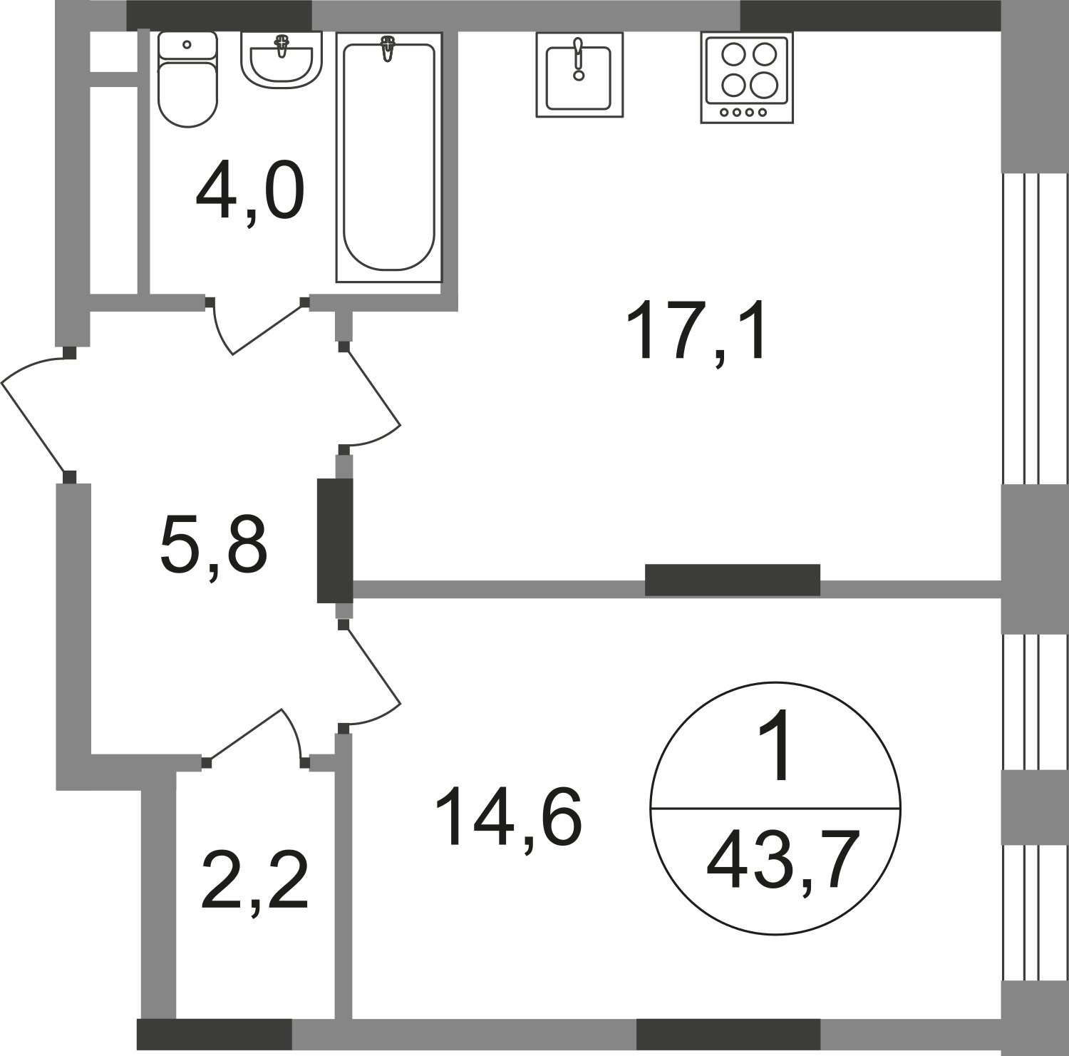 1-комнатная квартира без отделки, 43.7 м2, 8 этаж, сдача 1 квартал 2025 г., ЖК город-парк Переделкино Ближнее, корпус 17-1 - объявление 2343263 - фото №1