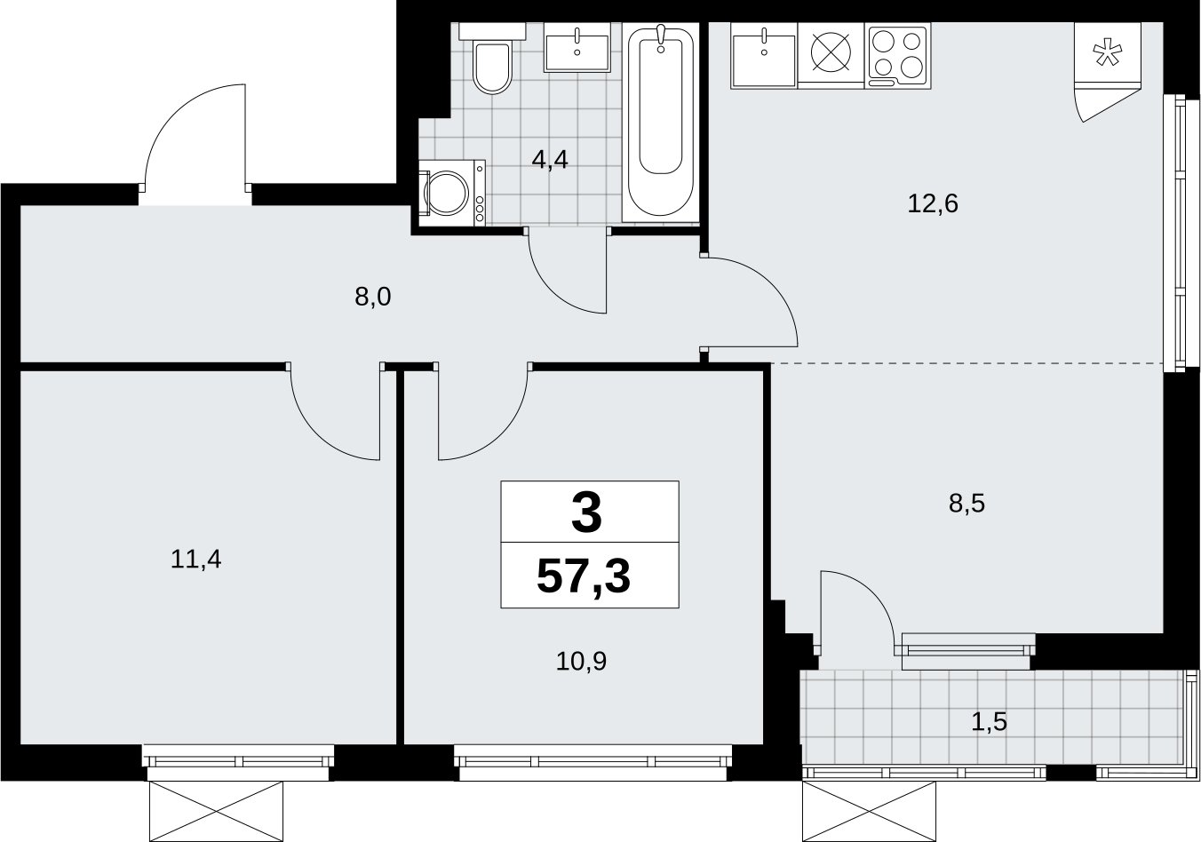 3-комнатная квартира (евро) с полной отделкой, 57.3 м2, 5 этаж, сдача 3 квартал 2026 г., ЖК Дзен-кварталы, корпус 6.1.3 - объявление 2328115 - фото №1