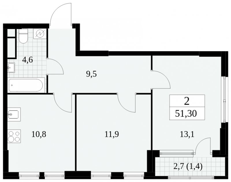 2-комнатная квартира без отделки, 51.3 м2, 14 этаж, сдача 2 квартал 2025 г., ЖК Южные сады, корпус 2.3 - объявление 1758202 - фото №1