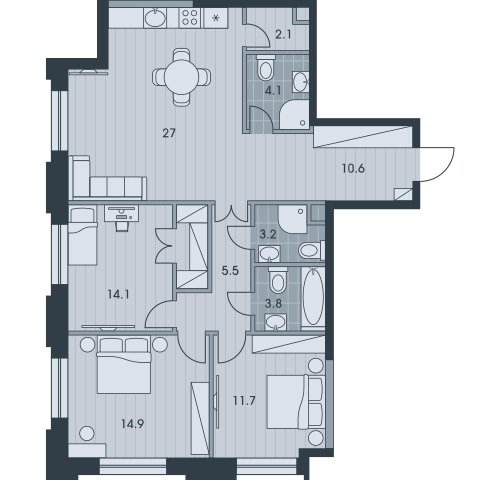 4-комнатная квартира с частичной отделкой, 98.1 м2, 24 этаж, дом сдан, ЖК EVER, корпус 3 - объявление 2331714 - фото №1
