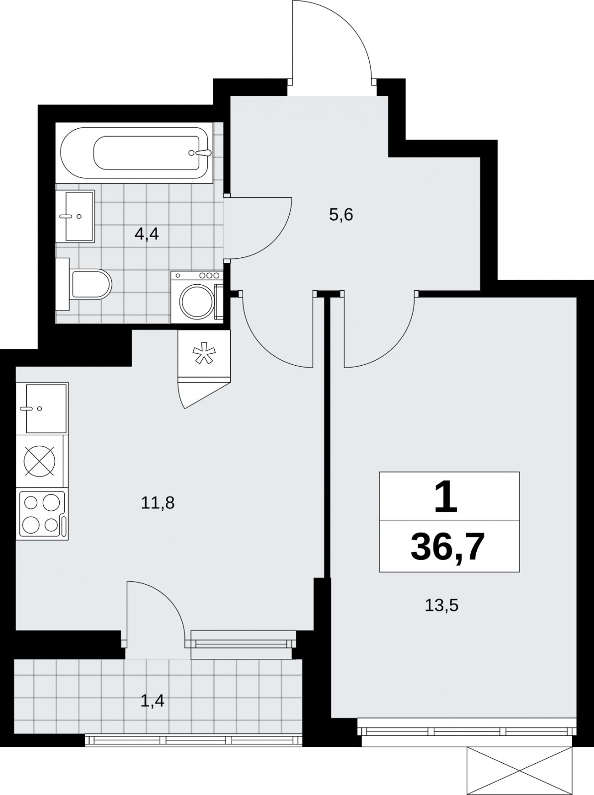 1-комнатная квартира без отделки, 36.7 м2, 5 этаж, сдача 1 квартал 2026 г., ЖК Дзен-кварталы, корпус 6.2.1 - объявление 2328413 - фото №1