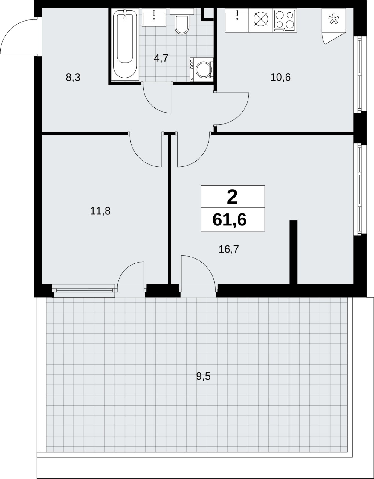 2-комнатная квартира без отделки, 61.6 м2, 2 этаж, сдача 4 квартал 2026 г., ЖК Скандинавия, корпус 2.18.1.4 - объявление 2350926 - фото №1