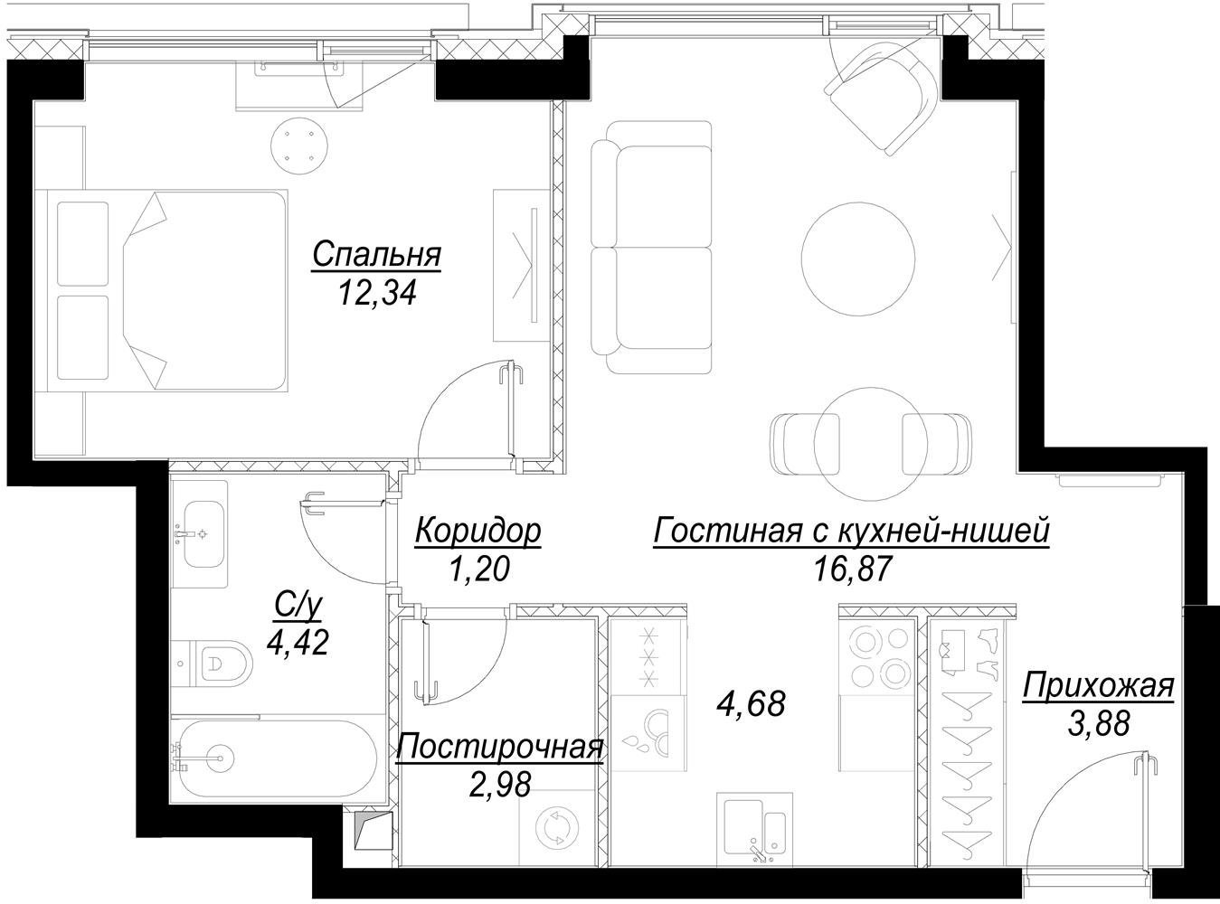 1-комнатная квартира с частичной отделкой, 46.49 м2, 33 этаж, дом сдан, ЖК Hide, корпус RiverSide - объявление 2336079 - фото №1