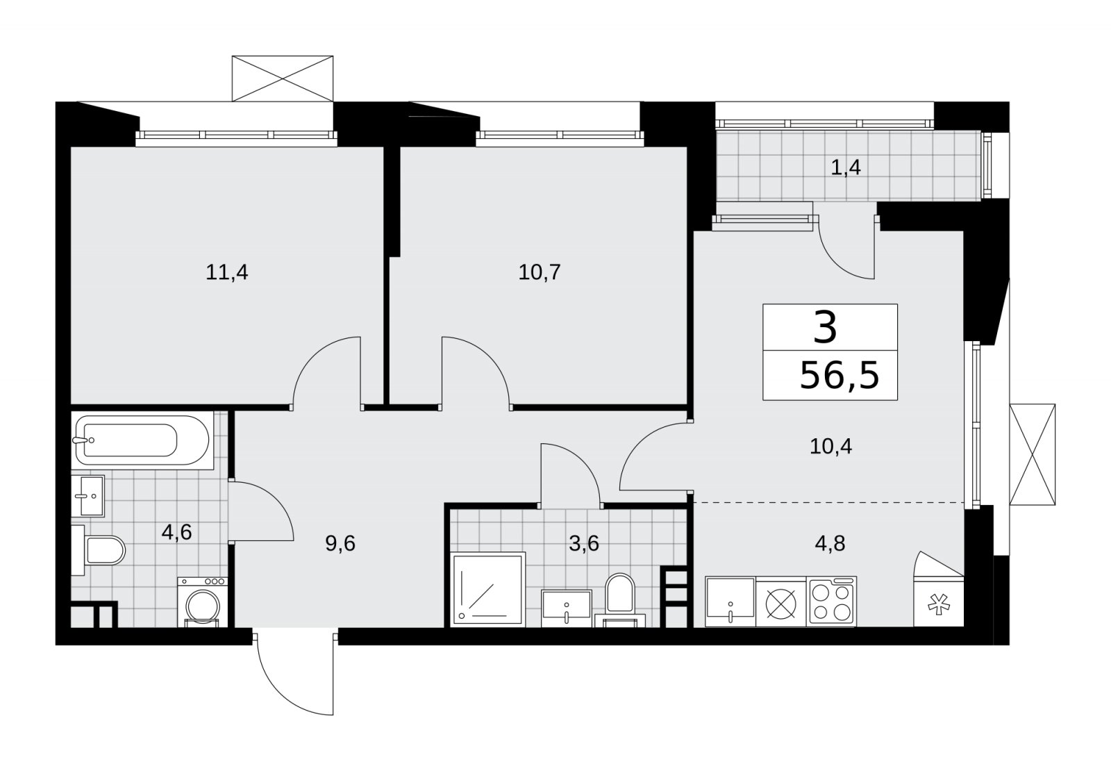 3-комнатная квартира (евро) без отделки, 56.5 м2, 4 этаж, сдача 4 квартал 2025 г., ЖК Бунинские кварталы, корпус 6.6 - объявление 2252956 - фото №1