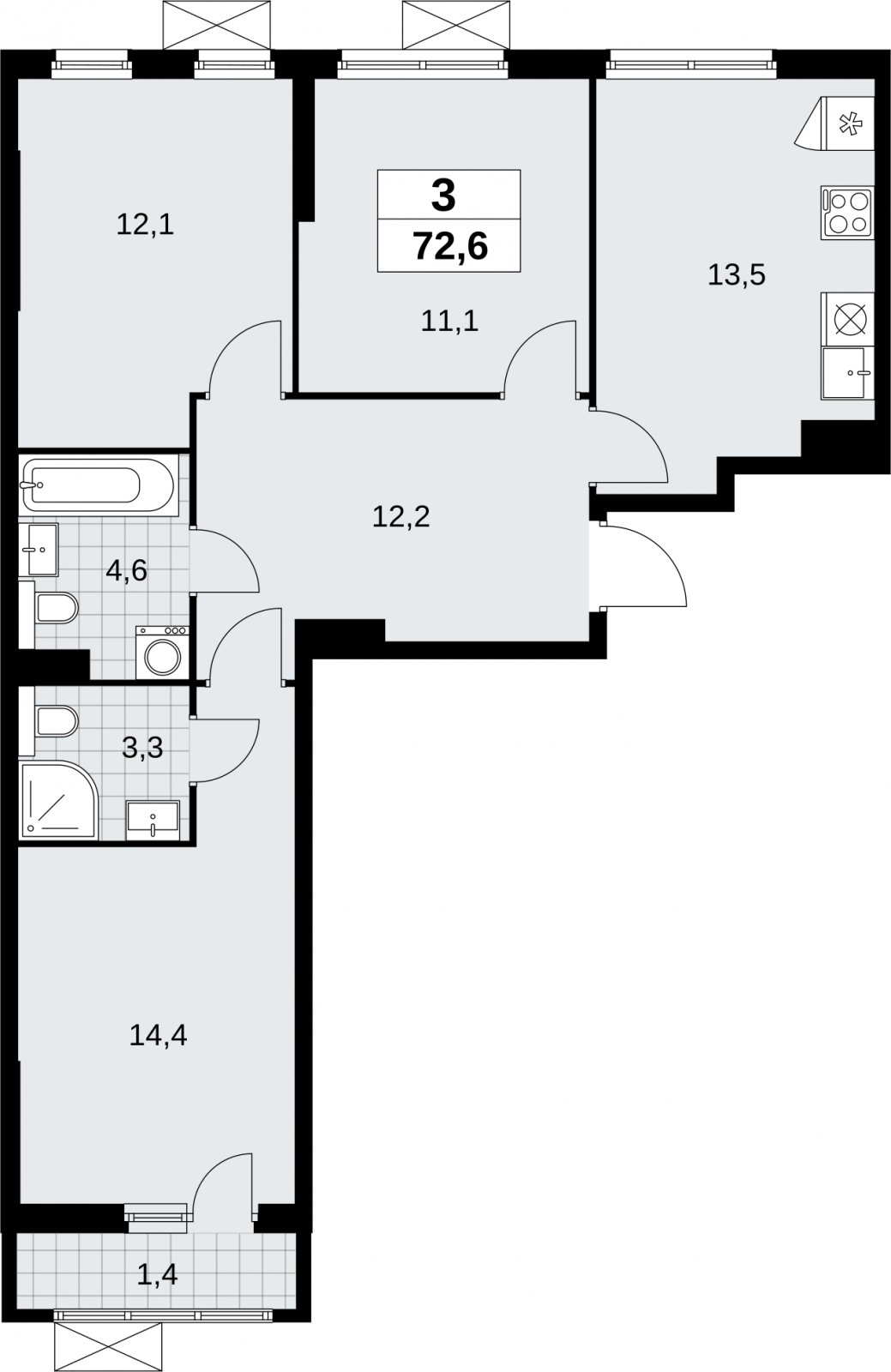 3-комнатная квартира без отделки, 72.6 м2, 4 этаж, сдача 2 квартал 2026 г., ЖК Бунинские кварталы, корпус 9.1 - объявление 2324097 - фото №1