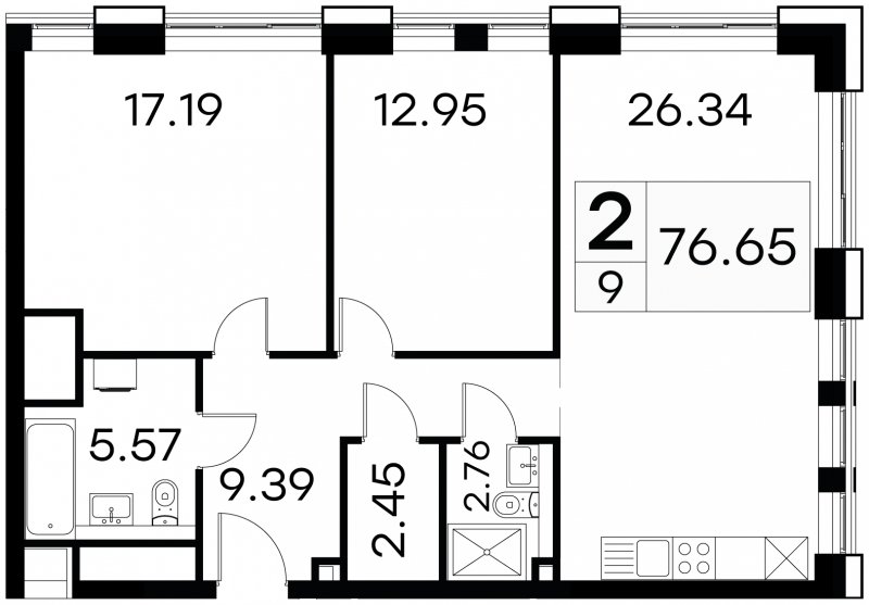 2-комнатные апартаменты с частичной отделкой, 76.65 м2, 2 этаж, сдача 3 квартал 2024 г., ЖК GloraX Aura Белорусская, корпус 1 - объявление 1708678 - фото №1