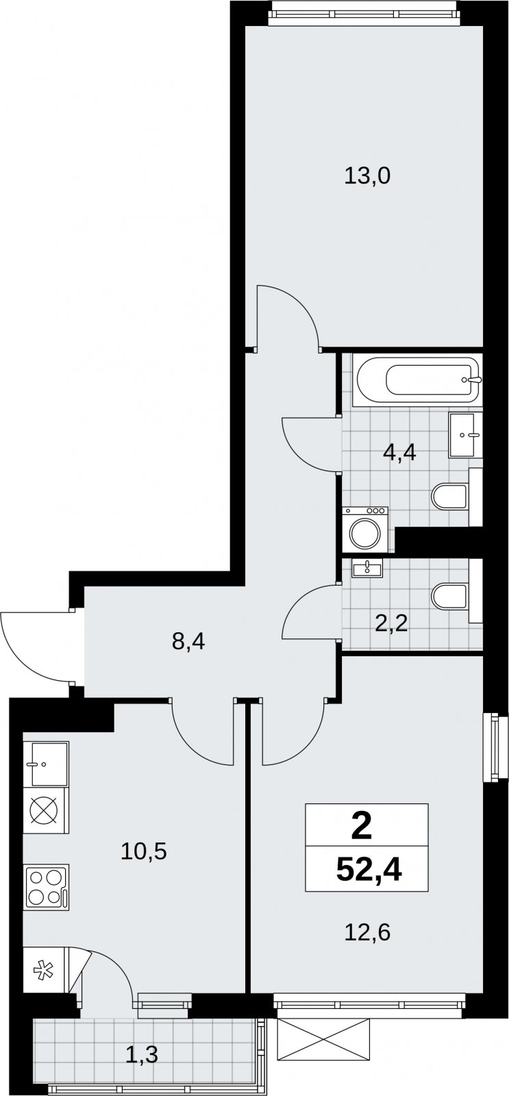 2-комнатная квартира без отделки, 52.4 м2, 14 этаж, сдача 2 квартал 2026 г., ЖК Бунинские кварталы, корпус 9.1 - объявление 2323862 - фото №1