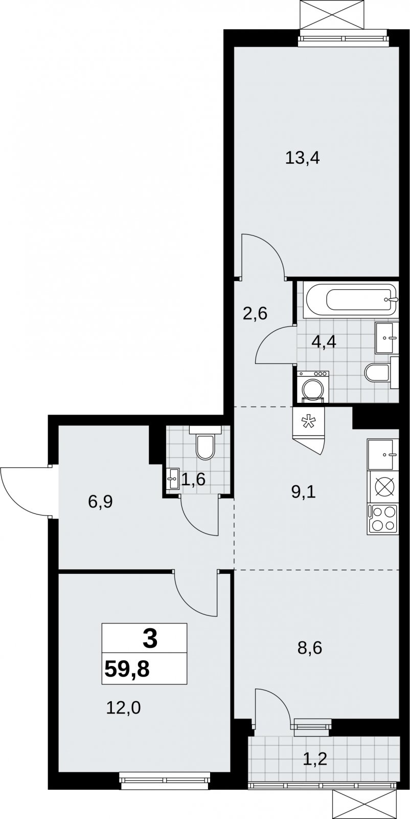 3-комнатная квартира (евро) без отделки, 59.8 м2, 4 этаж, сдача 2 квартал 2026 г., ЖК Дзен-кварталы, корпус 6.1.1 - объявление 2326956 - фото №1