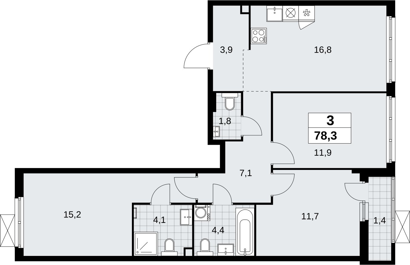 3-комнатная квартира без отделки, 78.3 м2, 2 этаж, сдача 1 квартал 2026 г., ЖК Дзен-кварталы, корпус 6.2.1 - объявление 2328346 - фото №1
