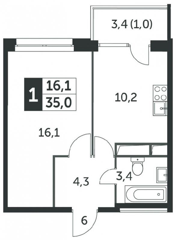 1-комнатная квартира без отделки, 35.2 м2, 13 этаж, сдача 4 квартал 2023 г., ЖК Датский квартал, корпус 2 - объявление 1568363 - фото №1