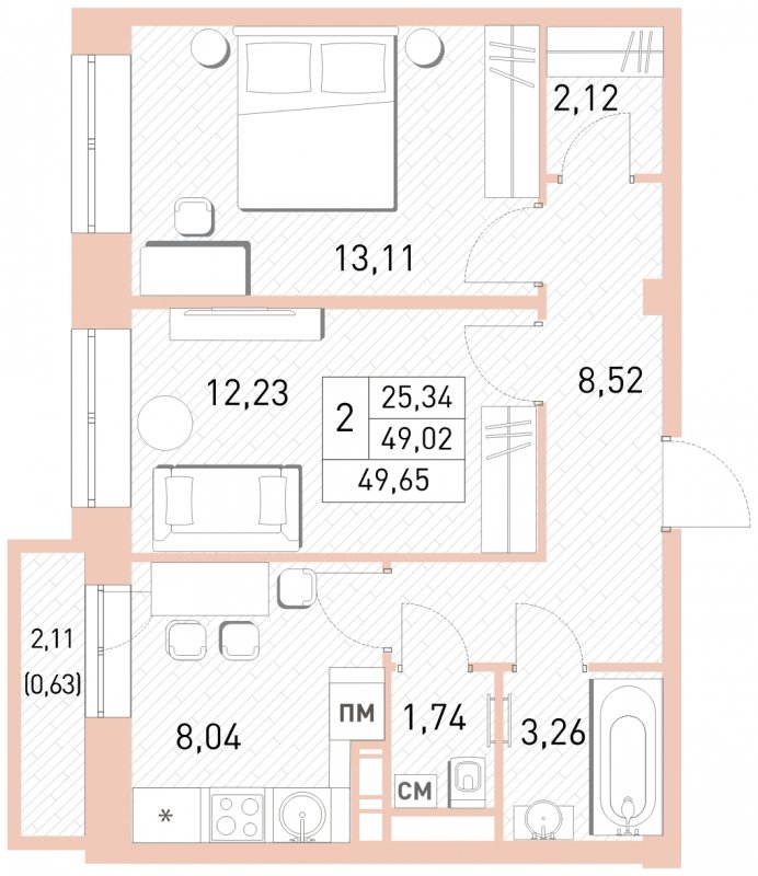 2-комнатная квартира с полной отделкой, 49.65 м2, 13 этаж, сдача 2 квартал 2023 г., ЖК Столичный, корпус 24 - объявление 1651309 - фото №1