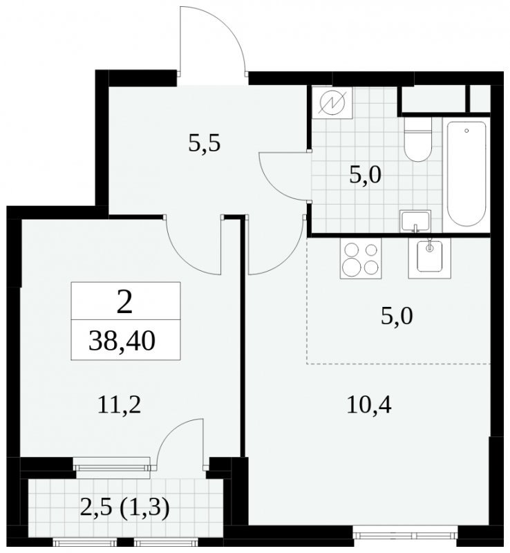 2-комнатная квартира (евро) без отделки, 38.4 м2, 8 этаж, сдача 2 квартал 2025 г., ЖК Южные сады, корпус 2.3 - объявление 1758317 - фото №1