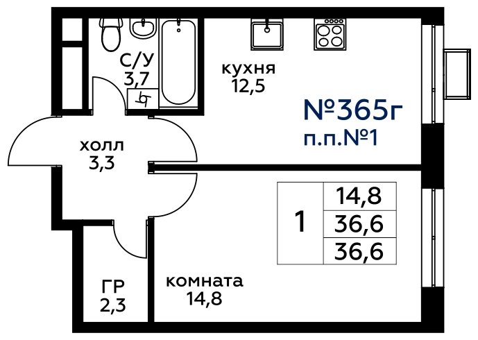 1-комнатная квартира без отделки, 36.6 м2, 10 этаж, сдача 4 квартал 2022 г., ЖК Вереск, корпус 1 - объявление 1686775 - фото №1