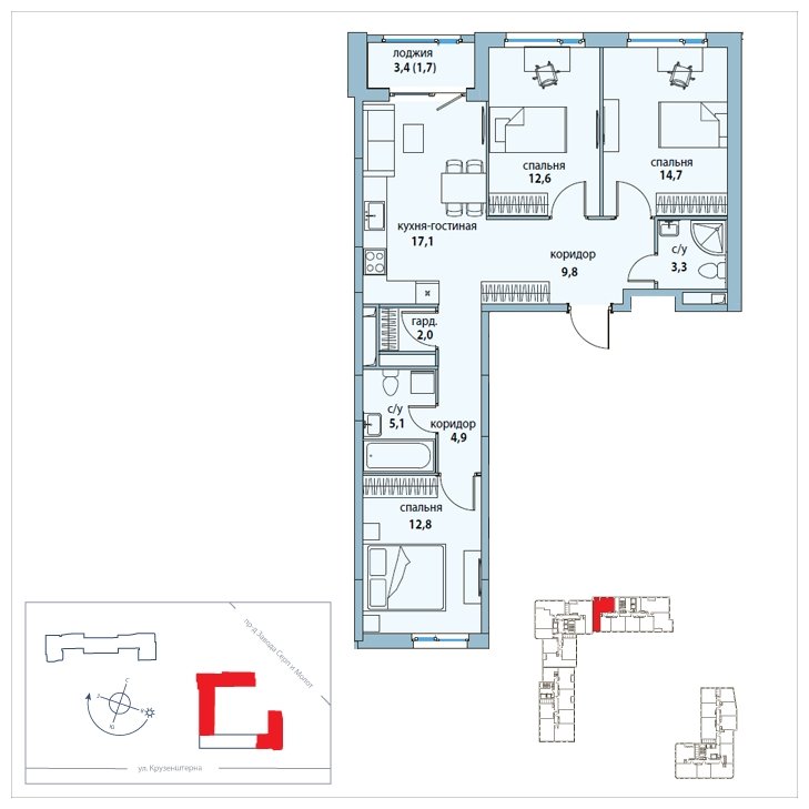 3-комнатная квартира без отделки, 84 м2, 11 этаж, сдача 3 квартал 2025 г., ЖК Символ, корпус 20 (квартал "Независимость") - объявление 1768592 - фото №1