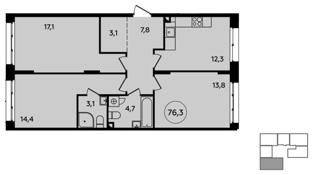 3-комнатная квартира без отделки, 76.3 м2, 2 этаж, сдача 4 квартал 2023 г., ЖК Скандинавия, корпус 2.23.6 - объявление 1514821 - фото №1