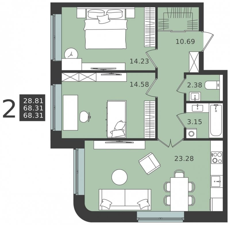2-комнатная квартира без отделки, 68.31 м2, 1 этаж, сдача 1 квартал 2024 г., ЖК Мишино-2, корпус 6 - объявление 1949089 - фото №1