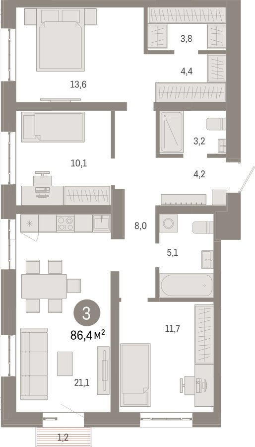 3-комнатная квартира 86.4 м2, 3 этаж, сдача 3 квартал 2026 г., ЖК Квартал Метроном, корпус 1 - объявление 2330818 - фото №1