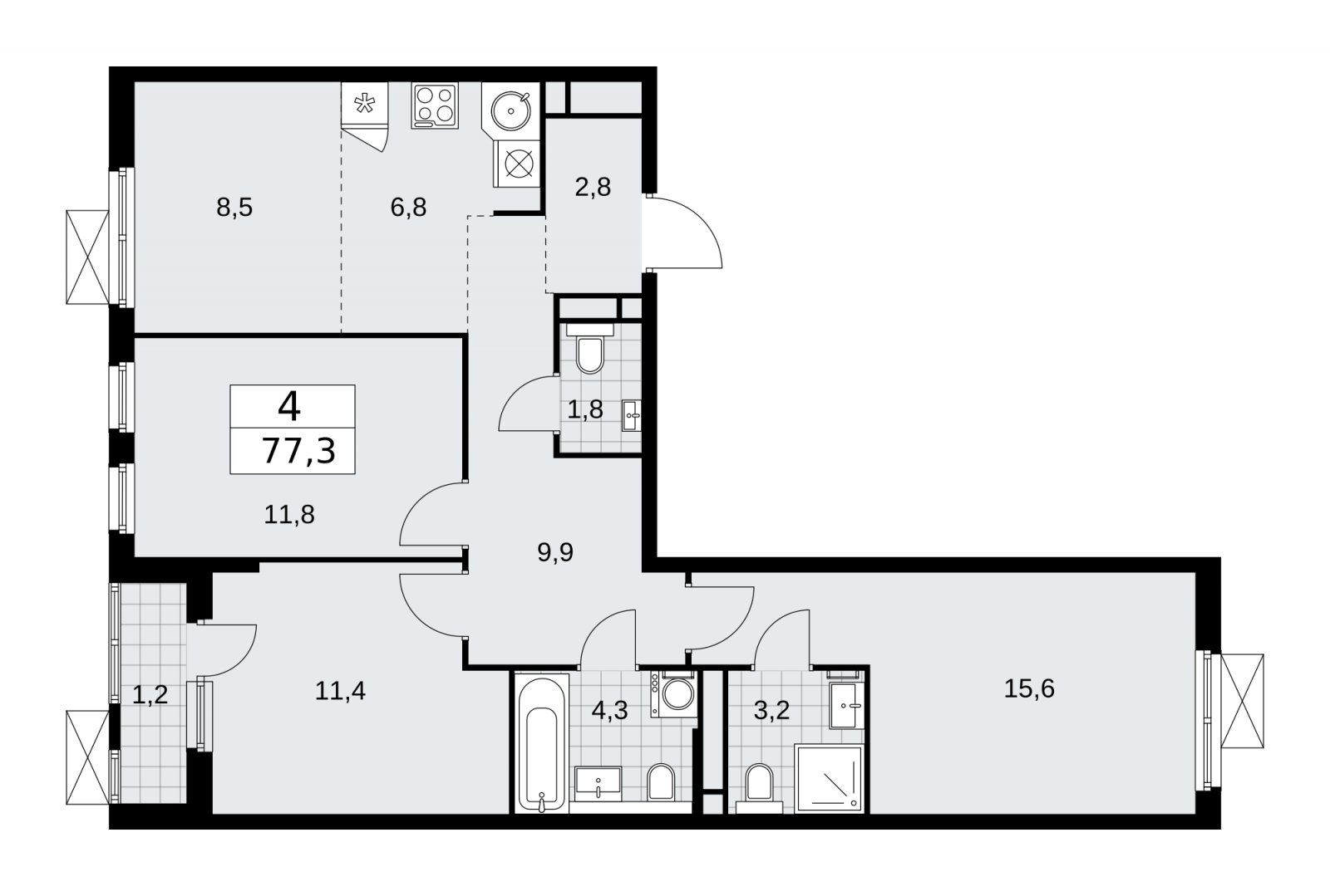 4-комнатная квартира (евро) с частичной отделкой, 77.3 м2, 12 этаж, сдача 2 квартал 2026 г., ЖК Прокшино, корпус 11.2.3 - объявление 2270404 - фото №1