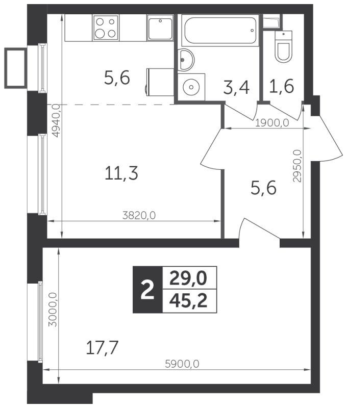 2-комнатная квартира с частичной отделкой, 45.2 м2, 3 этаж, сдача 1 квартал 2022 г., ЖК Датский квартал, корпус 1 - объявление 1528769 - фото №1