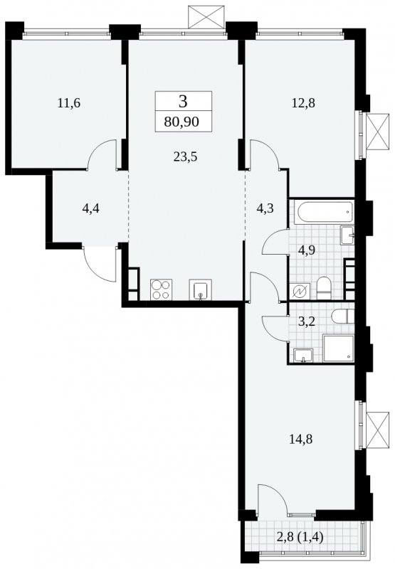 3-комнатная квартира без отделки, 80.6 м2, 11 этаж, сдача 1 квартал 2025 г., ЖК Скандинавия, корпус 2.27.3 - объявление 1840498 - фото №1