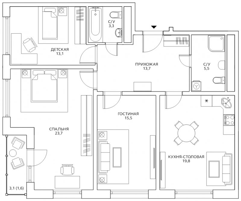 3-комнатная квартира с полной отделкой, 96.2 м2, 24 этаж, сдача 4 квартал 2022 г., ЖК Авиатика, корпус 1 - объявление 1806002 - фото №1