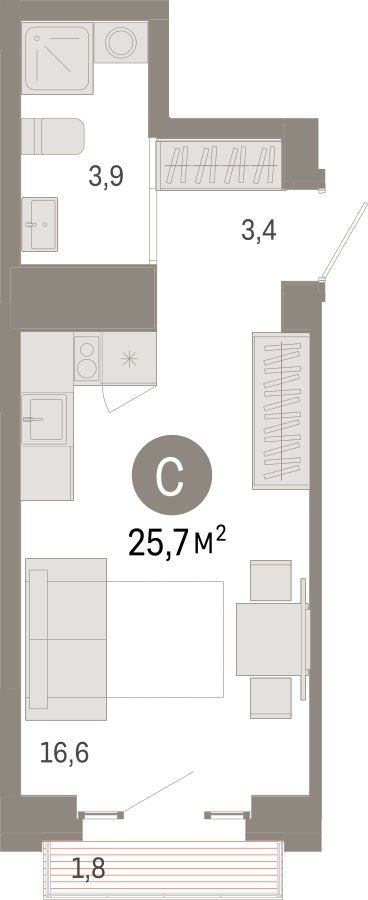 Студия с частичной отделкой, 25.7 м2, 3 этаж, сдача 3 квартал 2026 г., ЖК Квартал Метроном, корпус 1 - объявление 2362782 - фото №1
