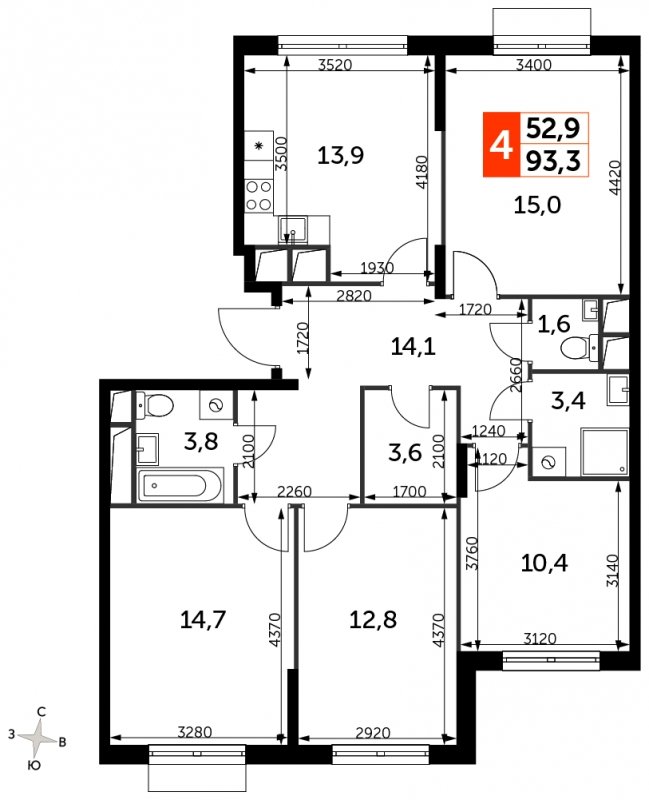 4-комнатная квартира с частичной отделкой, 93.3 м2, 16 этаж, сдача 3 квартал 2023 г., ЖК UP-квартал Римский, корпус 7 - объявление 1852333 - фото №1