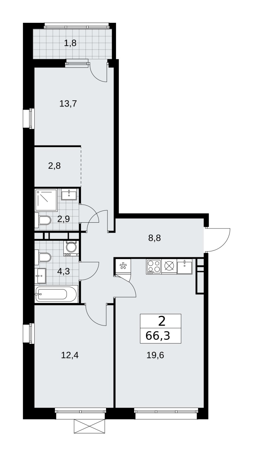2-комнатная квартира без отделки, 66.3 м2, 10 этаж, сдача 1 квартал 2026 г., ЖК Дзен-кварталы, корпус 4.3 - объявление 2251769 - фото №1