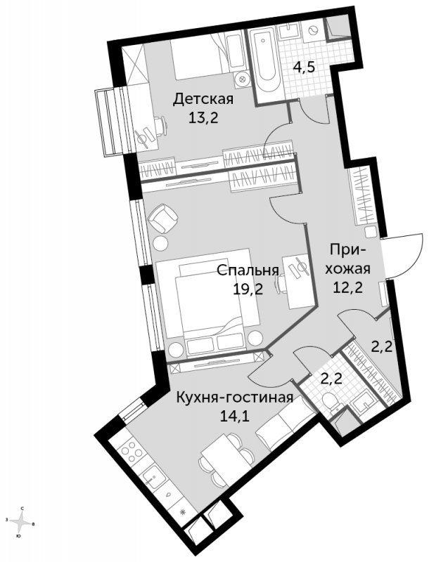 2-комнатная квартира без отделки, 67.6 м2, 2 этаж, сдача 3 квартал 2023 г., ЖК UP-квартал Римский, корпус 7 - объявление 1487045 - фото №1