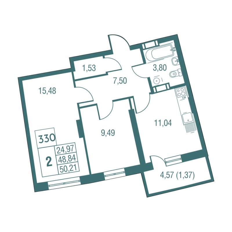 2-комнатная квартира с частичной отделкой, 51.5 м2, 24 этаж, дом сдан, ЖК Жилой микрорайон Одинбург, корпус 32 - объявление 1826778 - фото №1