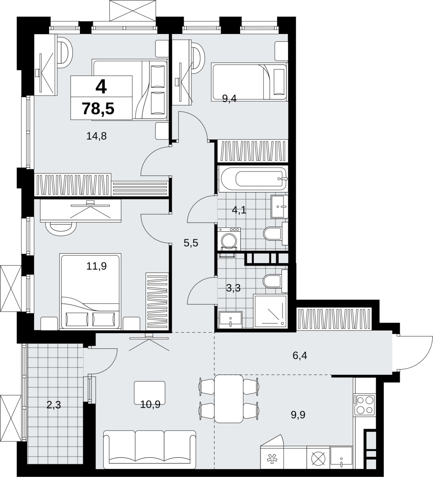 4-комнатная квартира (евро) без отделки, 78.5 м2, 14 этаж, сдача 4 квартал 2026 г., ЖК Скандинавия, корпус 2.18.2.6 - объявление 2351827 - фото №1