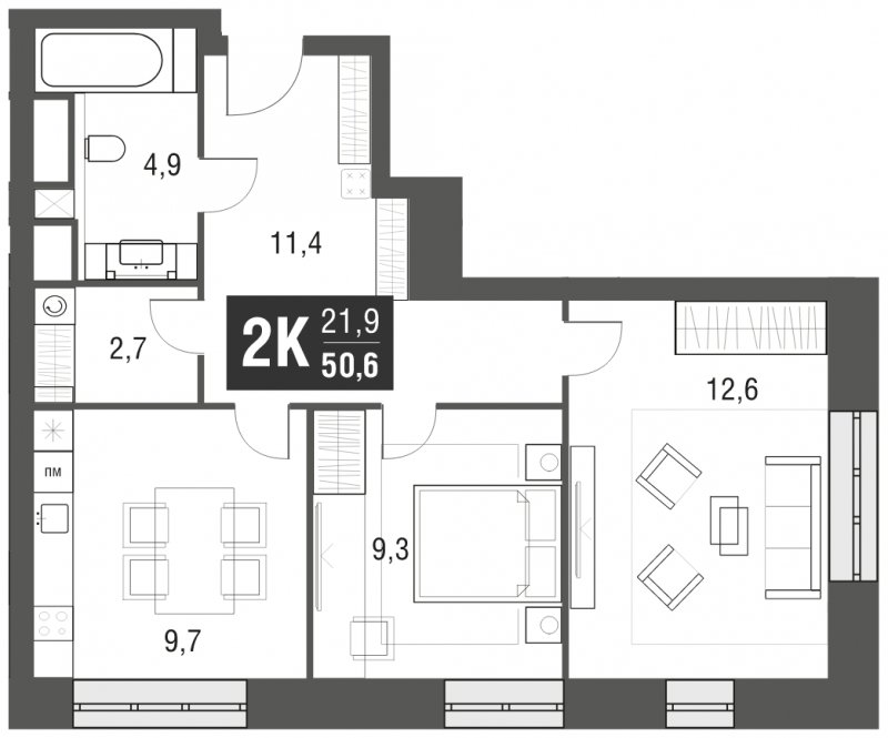 2-комнатная квартира с частичной отделкой, 50.6 м2, 11 этаж, сдача 2 квартал 2024 г., ЖК AFI Tower, корпус 1 - объявление 1942326 - фото №1