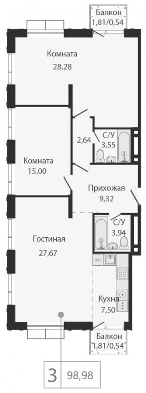 3-комнатная квартира (евро) без отделки, 98.98 м2, 4 этаж, сдача 2 квартал 2023 г., ЖК Dream Towers, корпус 3 - объявление 1801058 - фото №1