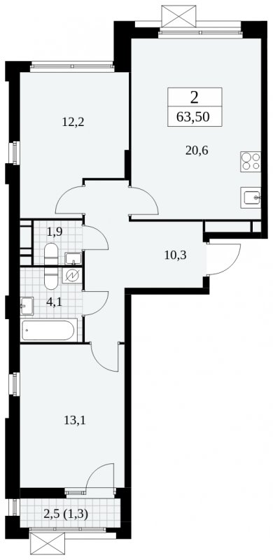 2-комнатная квартира без отделки, 63.5 м2, 14 этаж, сдача 1 квартал 2025 г., ЖК Скандинавия, корпус 2.27.3 - объявление 1840617 - фото №1