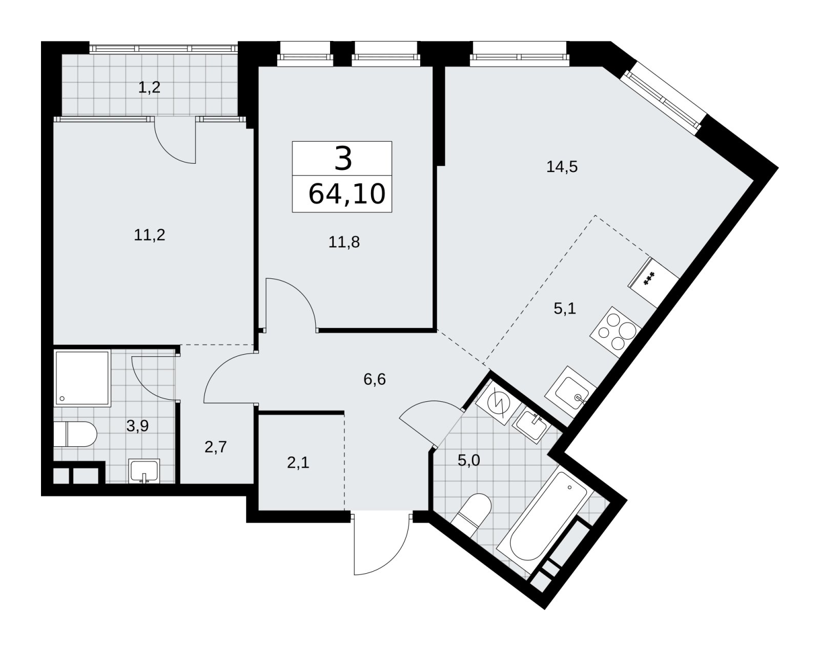 3-комнатная квартира (евро) с частичной отделкой, 64.1 м2, 16 этаж, сдача 1 квартал 2026 г., ЖК Дом на Зорге, корпус 25 - объявление 2221248 - фото №1