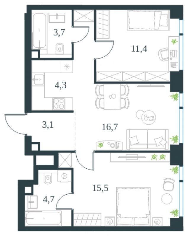 3-комнатная квартира без отделки, 59.4 м2, 13 этаж, сдача 4 квартал 2024 г., ЖК Level Мичуринский, корпус 4 - объявление 1770478 - фото №1
