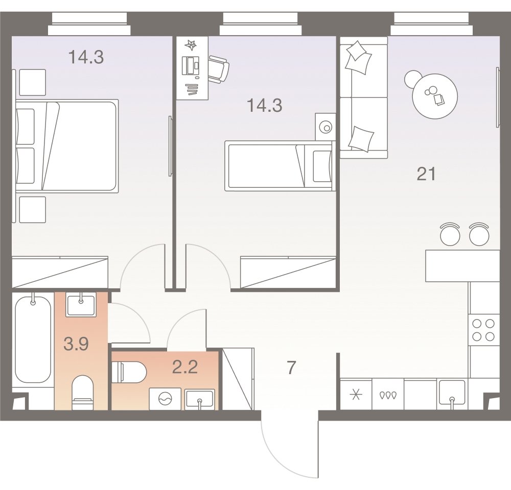 3-комнатная квартира (евро) без отделки, 62.7 м2, 33 этаж, сдача 1 квартал 2026 г., ЖК Twelve, корпус 1 - объявление 2331970 - фото №1