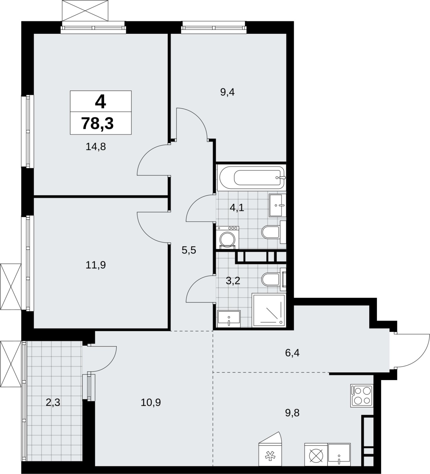 4-комнатная квартира (евро) без отделки, 78.3 м2, 9 этаж, сдача 4 квартал 2026 г., ЖК Скандинавия, корпус 2.18.1.4 - объявление 2351000 - фото №1