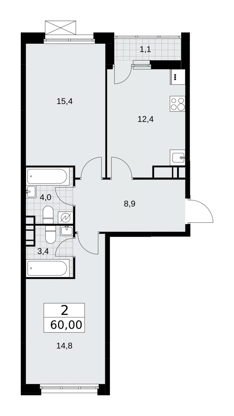 2-комнатная квартира без отделки, 60 м2, 11 этаж, сдача 3 квартал 2025 г., ЖК Скандинавия, корпус 28.1 - объявление 2201989 - фото №1