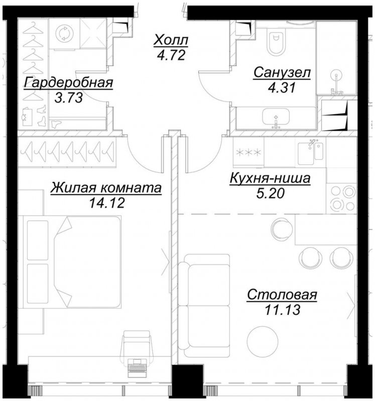 1-комнатная квартира с частичной отделкой, 43.12 м2, 25 этаж, сдача 4 квартал 2024 г., ЖК MOD, корпус Mod.D - объявление 1788209 - фото №1
