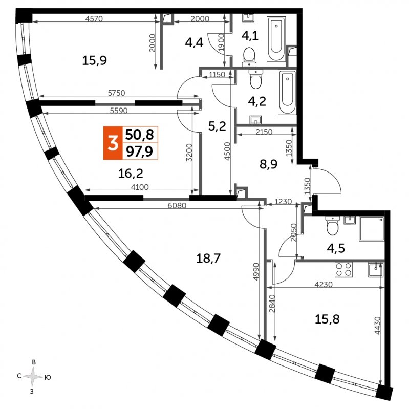 3-комнатная квартира без отделки, 97.9 м2, 39 этаж, сдача 3 квартал 2024 г., ЖК Sydney City, корпус 2.2 - объявление 1675123 - фото №1