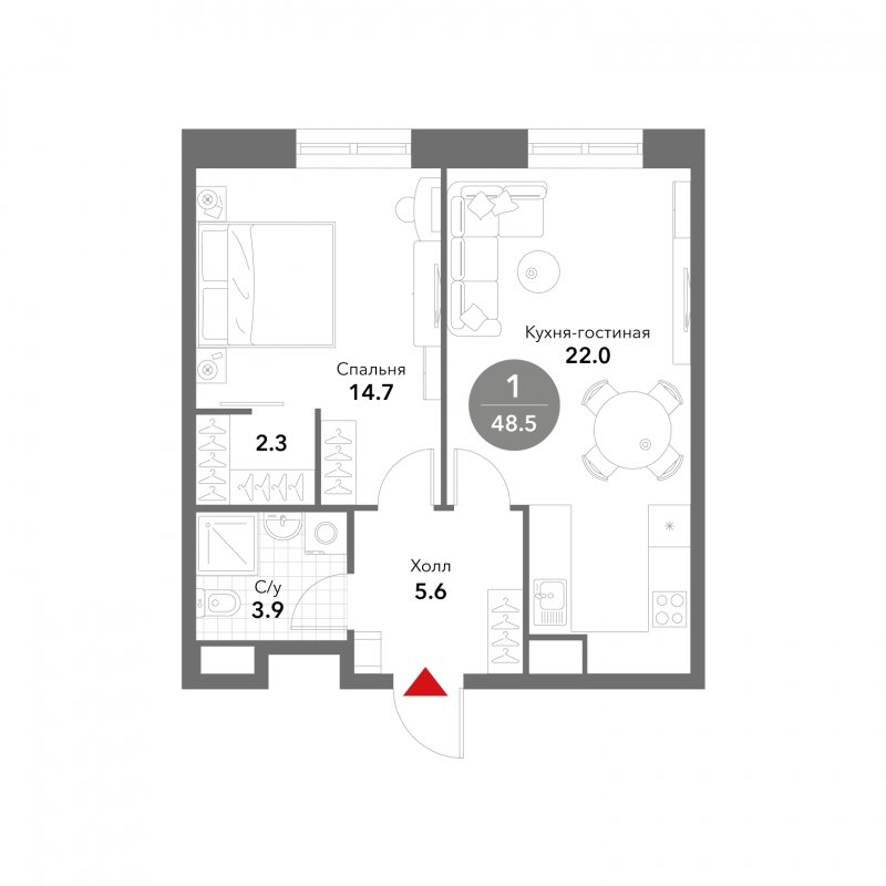 1-комнатные апартаменты без отделки, 48.5 м2, 15 этаж, сдача 3 квартал 2025 г., ЖК VOXHALL, корпус 4 - объявление 1786805 - фото №1