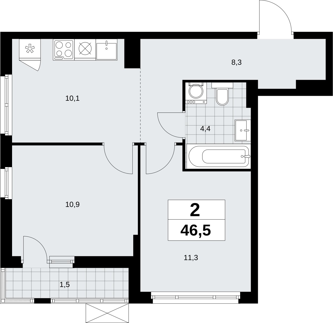 2-комнатная квартира с полной отделкой, 46.5 м2, 5 этаж, сдача 3 квартал 2026 г., ЖК Дзен-кварталы, корпус 6.1.3 - объявление 2327394 - фото №1