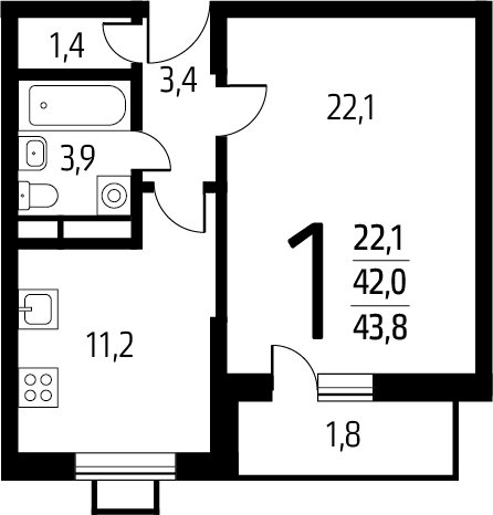 1-комнатная квартира с полной отделкой, 43.8 м2, 9 этаж, сдача 1 квартал 2025 г., ЖК Новые Ватутинки. Заречный, корпус 5/2 - объявление 2271758 - фото №1