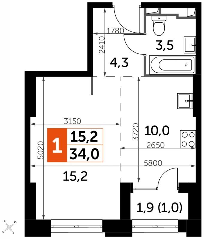 1-комнатная квартира с частичной отделкой, 34 м2, 7 этаж, сдача 1 квартал 2023 г., ЖК Sydney City, корпус 3 - объявление 1773967 - фото №1
