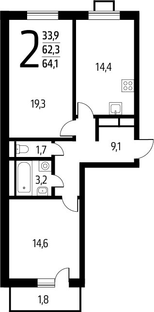 2-комнатная квартира с полной отделкой, 64.1 м2, 3 этаж, сдача 1 квартал 2025 г., ЖК Новые Ватутинки. Заречный, корпус 5/1 - объявление 2271789 - фото №1