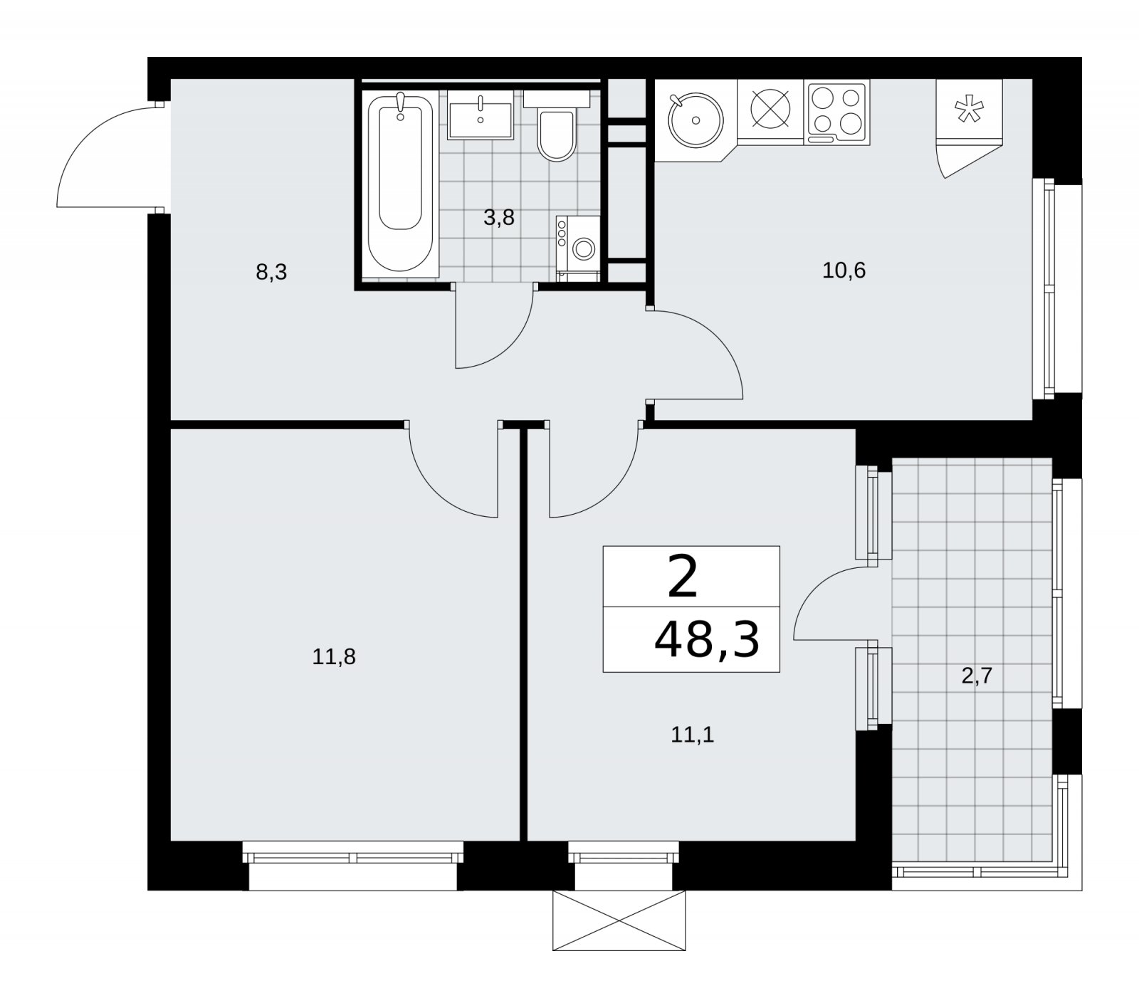 2-комнатная квартира с частичной отделкой, 48.3 м2, 14 этаж, сдача 2 квартал 2026 г., ЖК Скандинавия, корпус 25.2 - объявление 2283576 - фото №1