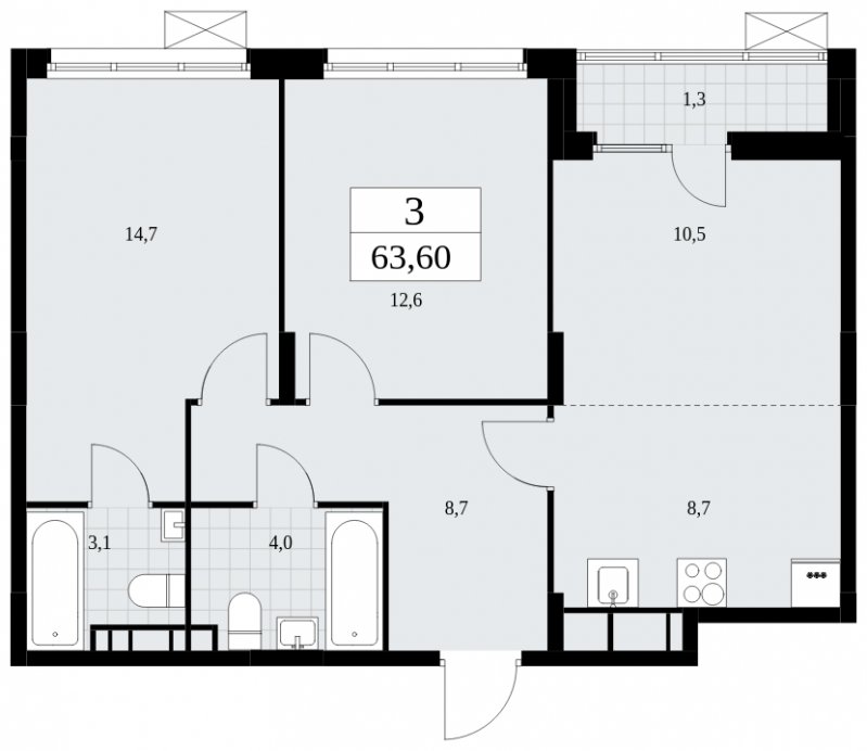 3-комнатная квартира (евро) с частичной отделкой, 63.6 м2, 8 этаж, сдача 3 квартал 2025 г., ЖК Дзен-кварталы, корпус 2.2 - объявление 1932439 - фото №1