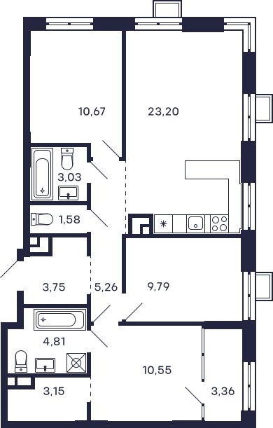 3-комнатная квартира с частичной отделкой, 79.15 м2, 14 этаж, сдача 2 квартал 2026 г., ЖК Квартал Тетрис, корпус С-2.2 - объявление 2277201 - фото №1