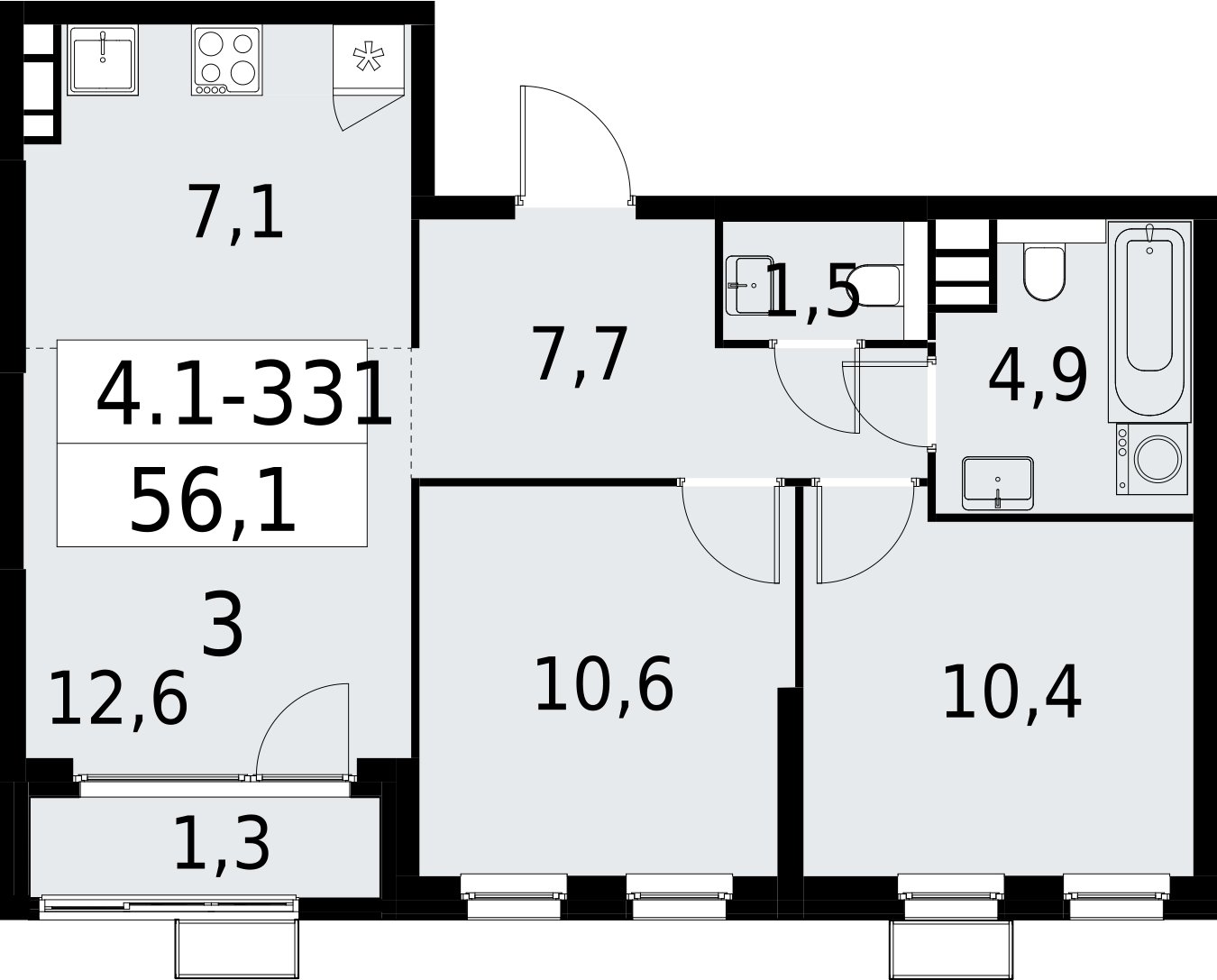 3-комнатная квартира (евро) с полной отделкой, 56.1 м2, 14 этаж, сдача 2 квартал 2027 г., ЖК Южные сады, корпус 4.1.2 - объявление 2392839 - фото №1